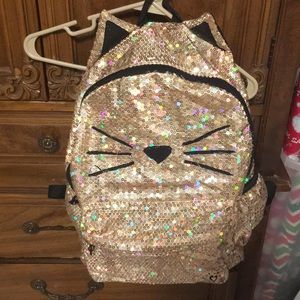 Justice gold sequin cat face bookbag, like new